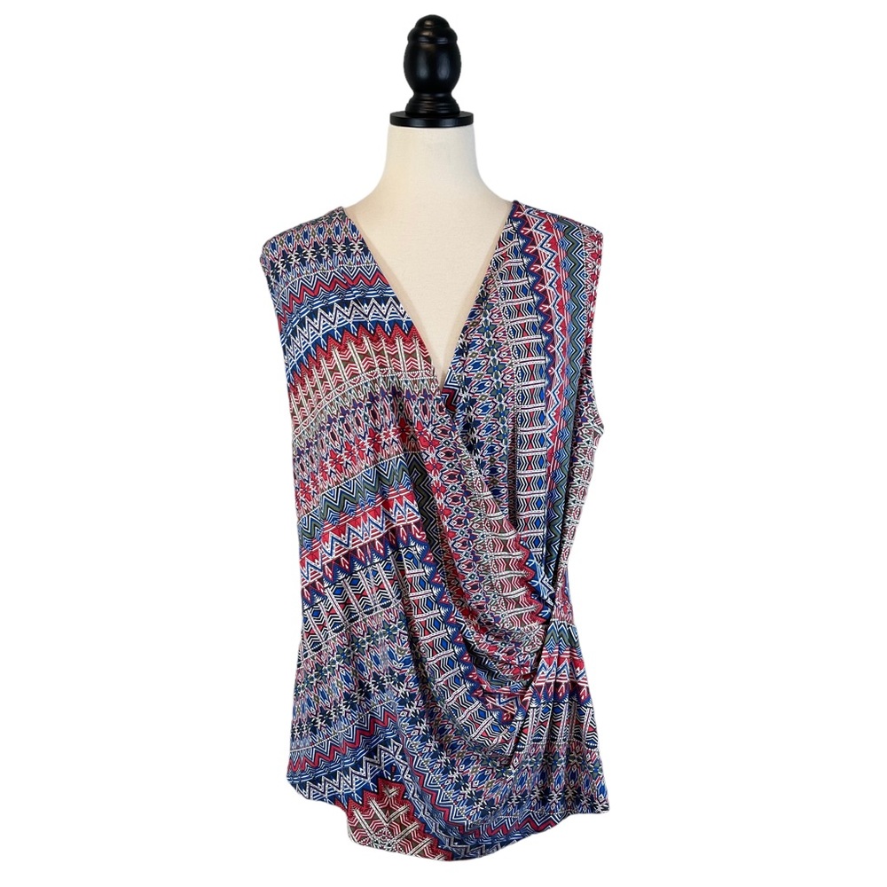 Nic+Zoe Faux Wrap Top Blue Red Print Sleeveless Blouse, Size 1X